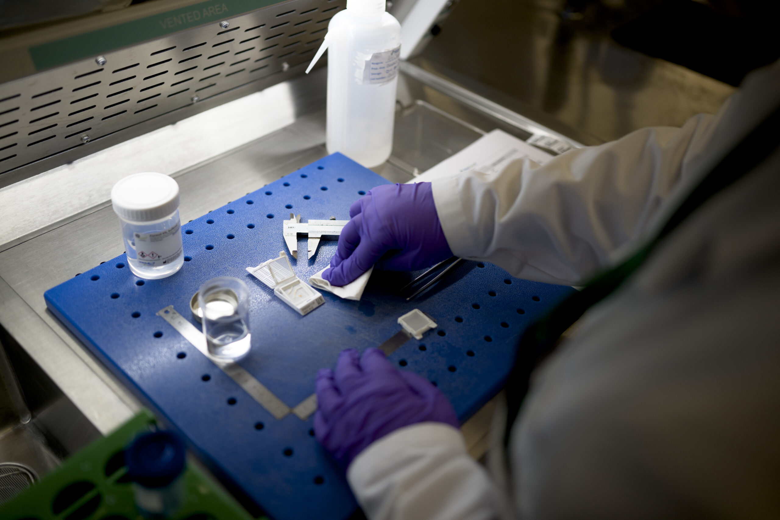 Gloved hands preparing a labeled sample in a biosafety cabinet.