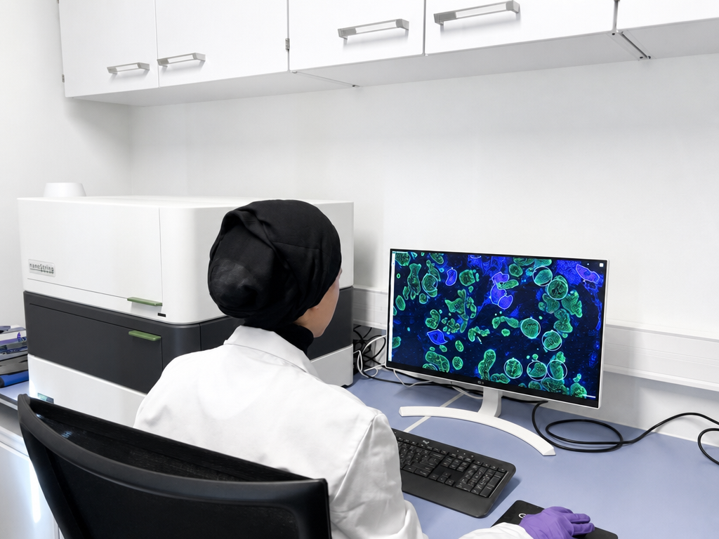 Scientist analyzing tissue sections for spatial transcriptomics on a GeoMx DSP.